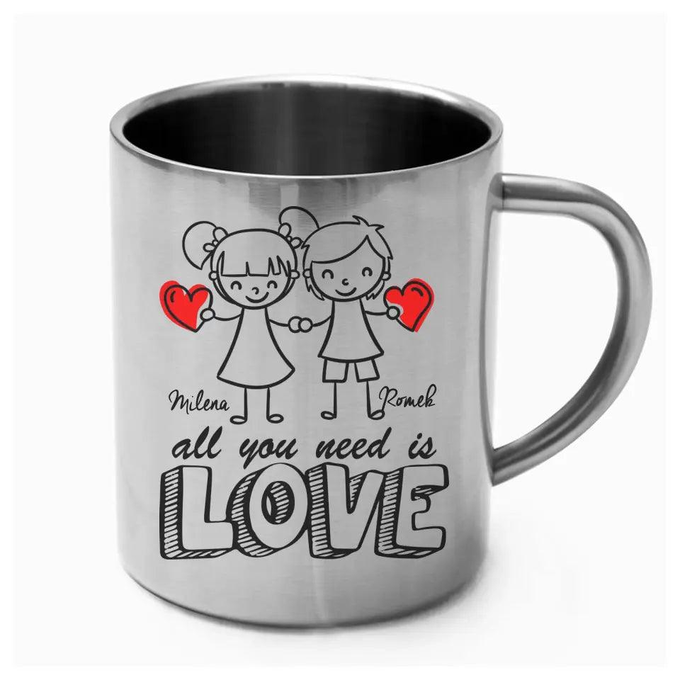 Metalowy kubek dla par imiona ALL YOU NEED IS LOVE W13 - storycups.pl