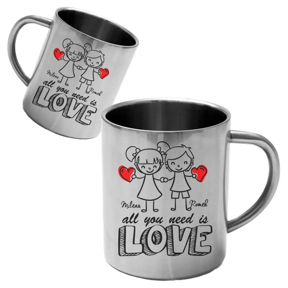 Metalowy kubek dla par imiona ALL YOU NEED IS LOVE W13 - storycups.pl