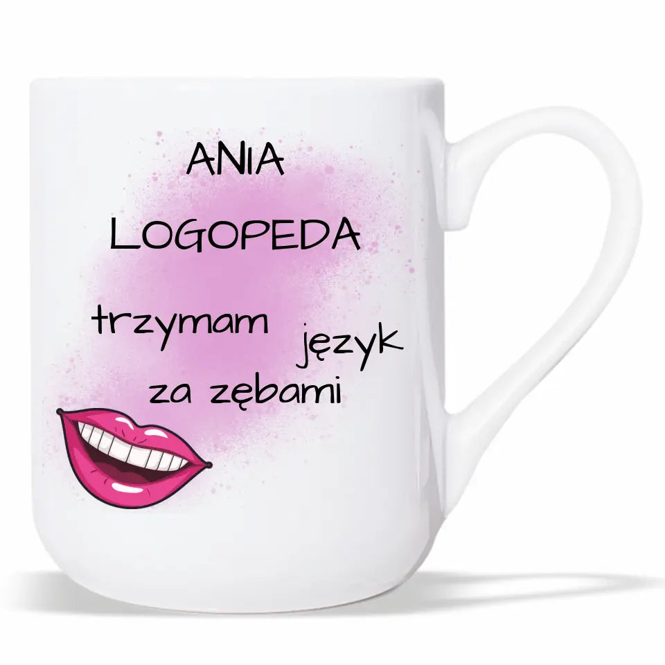 Kubek z imieniem dla logopedy TRZYMAM JĘZYK ZA ZĘBAMI prezent dla nauczyciela, podziękowanie na zakończenie roku szkolnego - storycups.pl