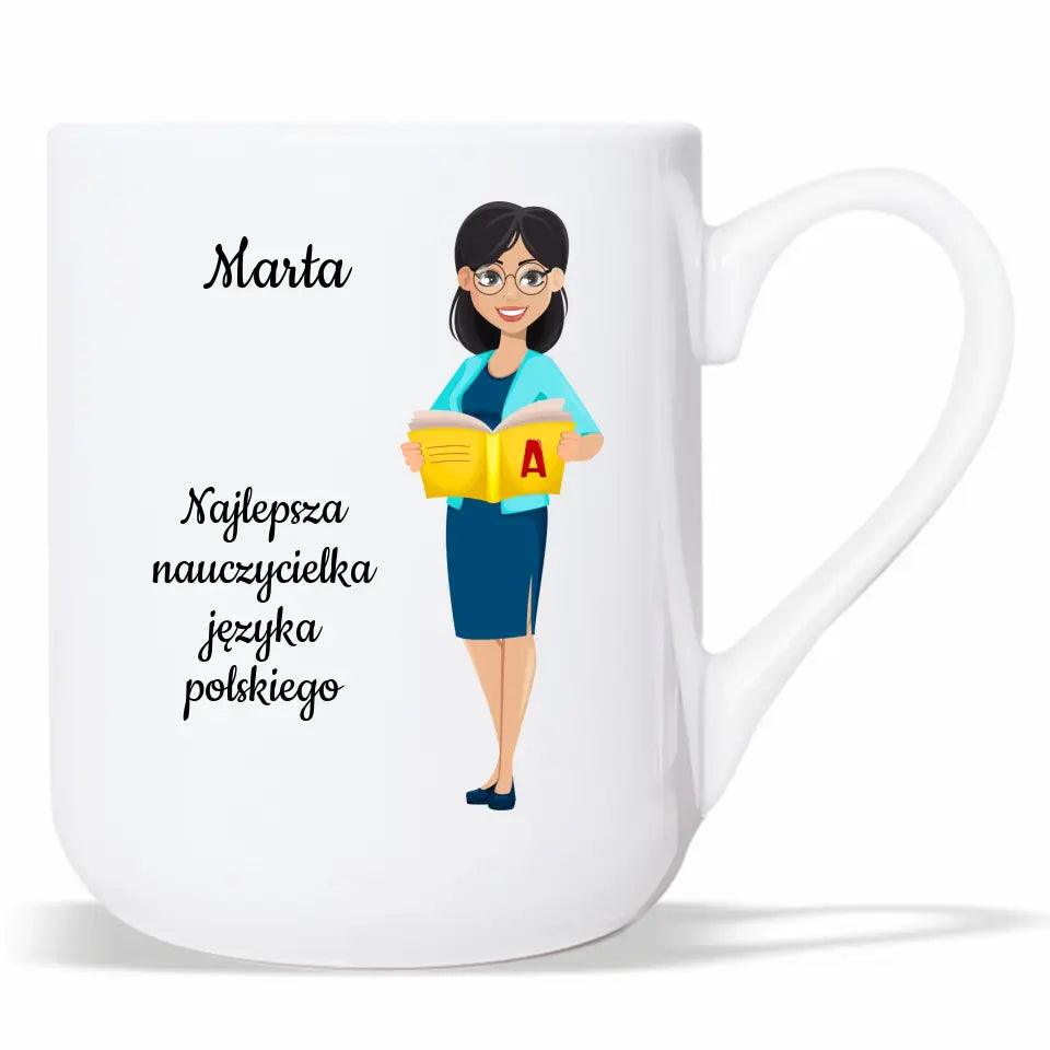 Personalizowany kubek dla NAUCZYCIELKI JĘZYKA POLSKIEGO imię prezent dla nauczyciela, podziękowanie na zakończenie roku szkolnego - storycups.pl