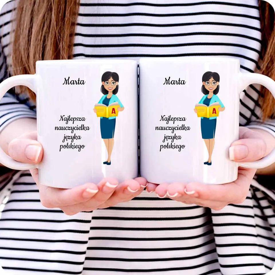 Personalizowany kubek dla NAUCZYCIELKI JĘZYKA POLSKIEGO imię prezent dla nauczyciela, podziękowanie na zakończenie roku szkolnego - storycups.pl