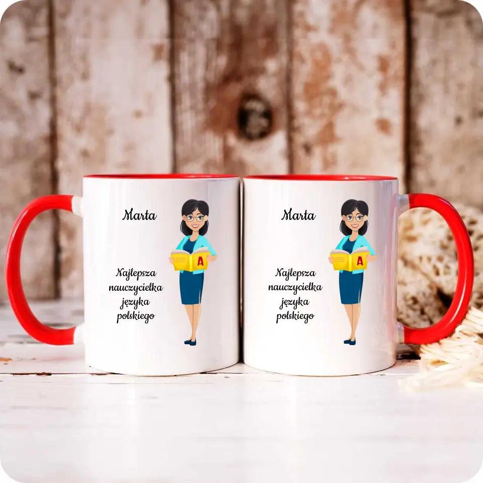 Personalizowany kubek dla NAUCZYCIELKI JĘZYKA POLSKIEGO imię prezent dla nauczyciela, podziękowanie na zakończenie roku szkolnego - storycups.pl