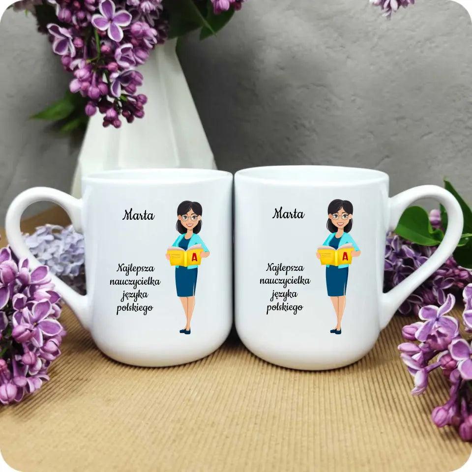 Personalizowany kubek dla NAUCZYCIELKI JĘZYKA POLSKIEGO imię prezent dla nauczyciela, podziękowanie na zakończenie roku szkolnego - storycups.pl