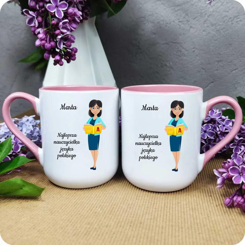 Personalizowany kubek dla NAUCZYCIELKI JĘZYKA POLSKIEGO imię prezent dla nauczyciela, podziękowanie na zakończenie roku szkolnego - storycups.pl