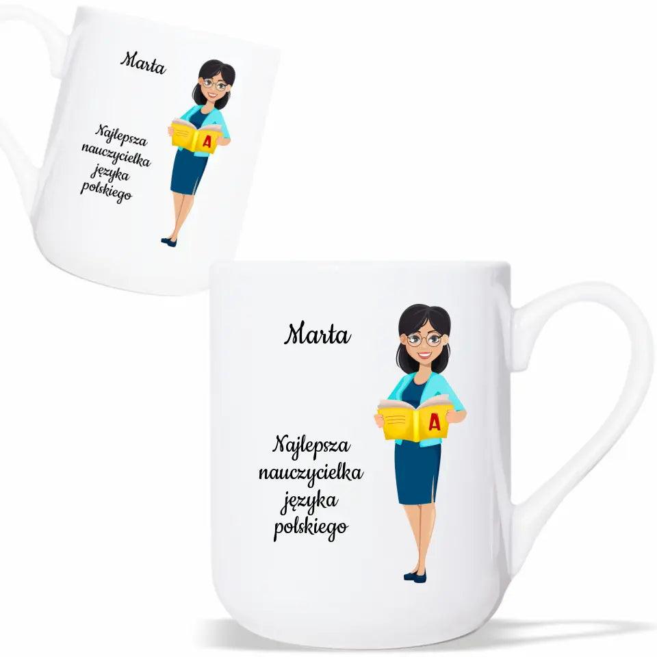 Personalizowany kubek dla NAUCZYCIELKI JĘZYKA POLSKIEGO imię prezent dla nauczyciela, podziękowanie na zakończenie roku szkolnego - storycups.pl