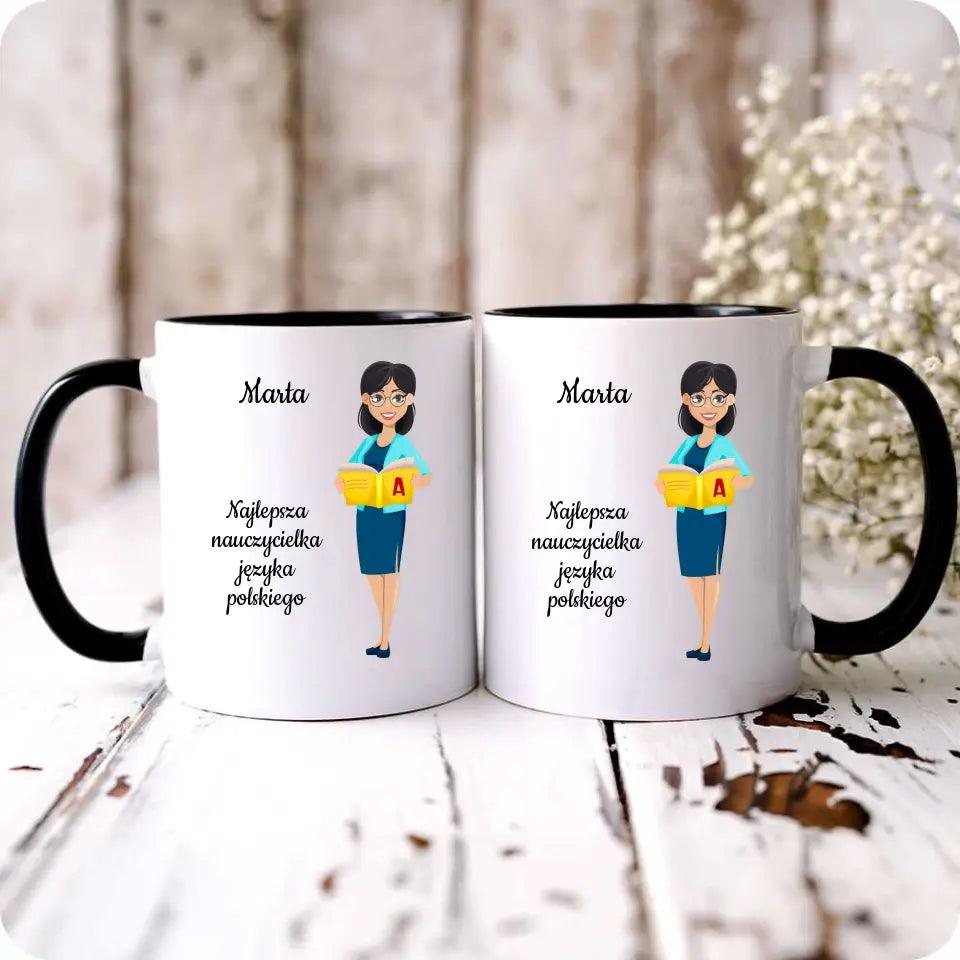 Personalizowany kubek dla NAUCZYCIELKI JĘZYKA POLSKIEGO imię prezent dla nauczyciela, podziękowanie na zakończenie roku szkolnego - storycups.pl