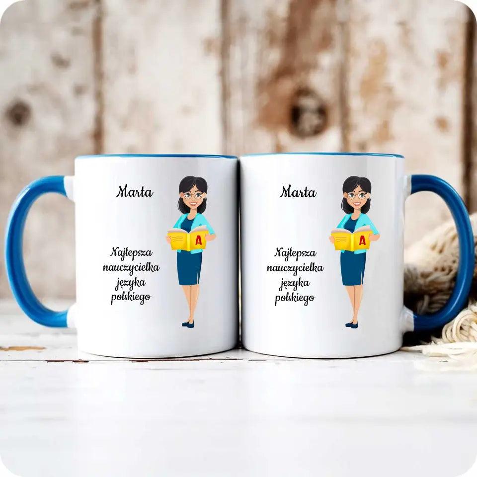 Personalizowany kubek dla NAUCZYCIELKI JĘZYKA POLSKIEGO imię prezent dla nauczyciela, podziękowanie na zakończenie roku szkolnego - storycups.pl