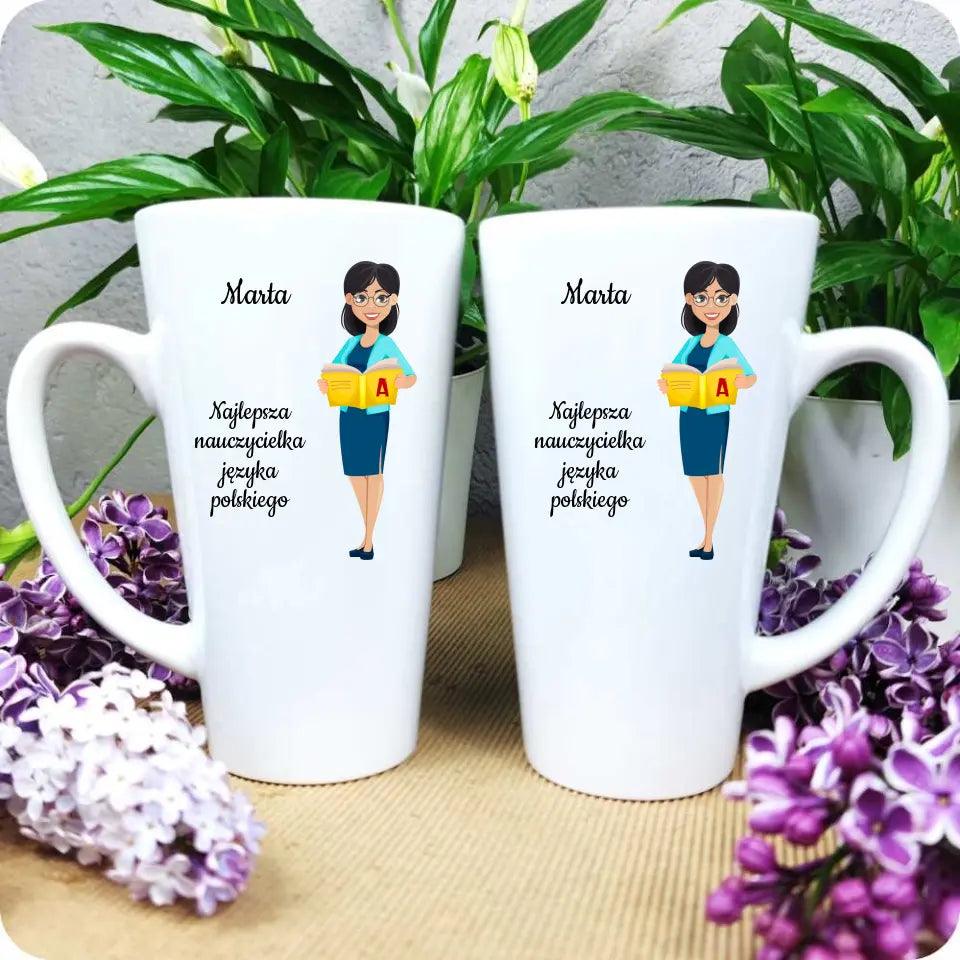 Personalizowany kubek dla NAUCZYCIELKI JĘZYKA POLSKIEGO imię prezent dla nauczyciela, podziękowanie na zakończenie roku szkolnego - storycups.pl