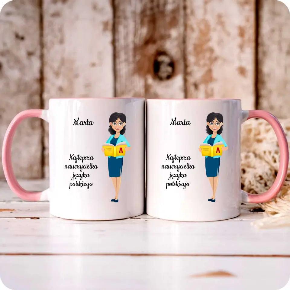 Personalizowany kubek dla NAUCZYCIELKI JĘZYKA POLSKIEGO imię prezent dla nauczyciela, podziękowanie na zakończenie roku szkolnego - storycups.pl