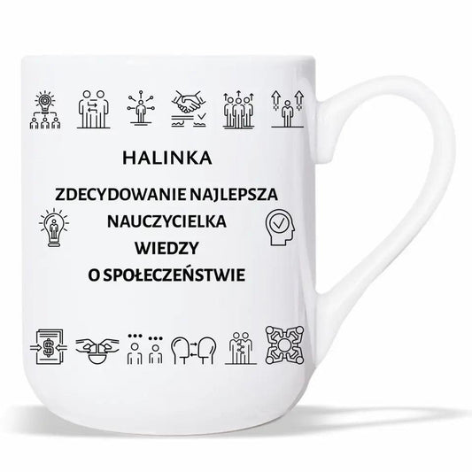 Kubek dla nauczycielki nauczyciela WIEDZY O SPOŁECZEŃSTWIE WoS prezent dla nauczyciela, podziękowanie na zakończenie roku szkolnego - storycups.pl