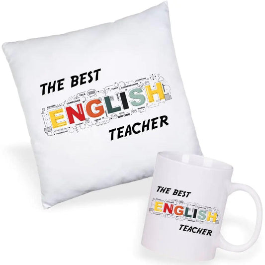 Zestaw poduszka i kubek z napisem THE BEST ENGLISH TEACHER prezent dla nauczyciela - storycups.pl