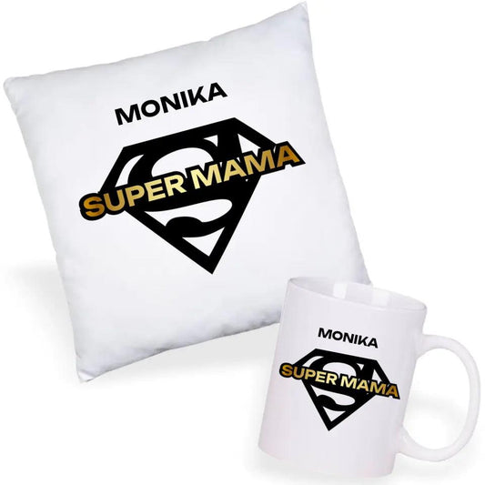 Zestaw poduszka i kubek z imieniem prezent dla mamy SUPER MAMA DM07 - storycups.pl