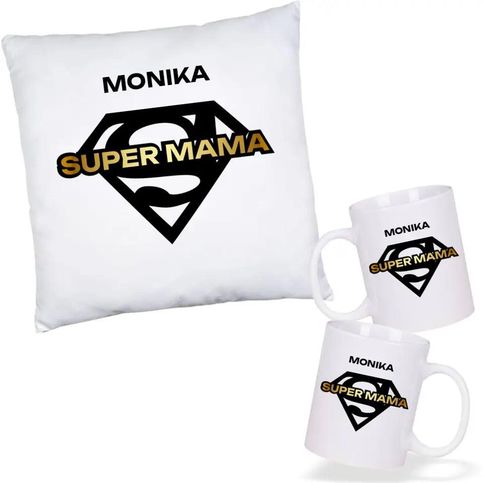 Zestaw poduszka i kubek z imieniem prezent dla mamy SUPER MAMA DM07 - storycups.pl