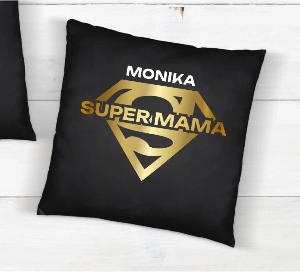 Czarna poduszka z imieniem prezent dla mamy SUPER MAMA DM07 - storycups.pl