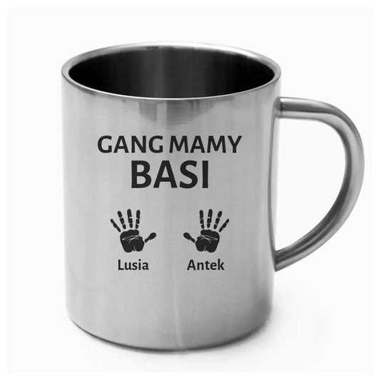 Metalowy kubek dla mamy imiona dzieci GANG MAMY DM09 - storycups.pl