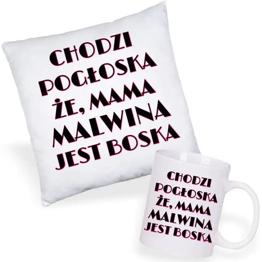 Zestaw poduszka i kubek dla mamy CHODZI POGŁOSKA, ŻE MAMA JEST BOSKA DM14 - storycups.pl
