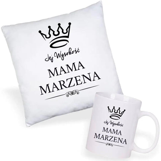 Zestaw poduszka i kubek dla mamy prezent JEJ WYSOKOŚĆ MAMA DM16 - storycups.pl