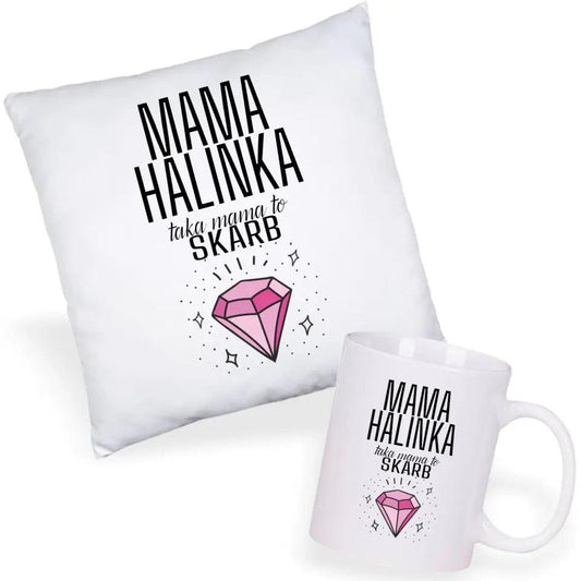 Zestaw poduszka i kubek dla mamy imię TAKA MAMA TO SKARB DM18 - storycups.pl