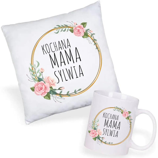 Zestaw poduszka i kubek z imieniem dla mamy KOCHANA MAMA DM20 - storycups.pl