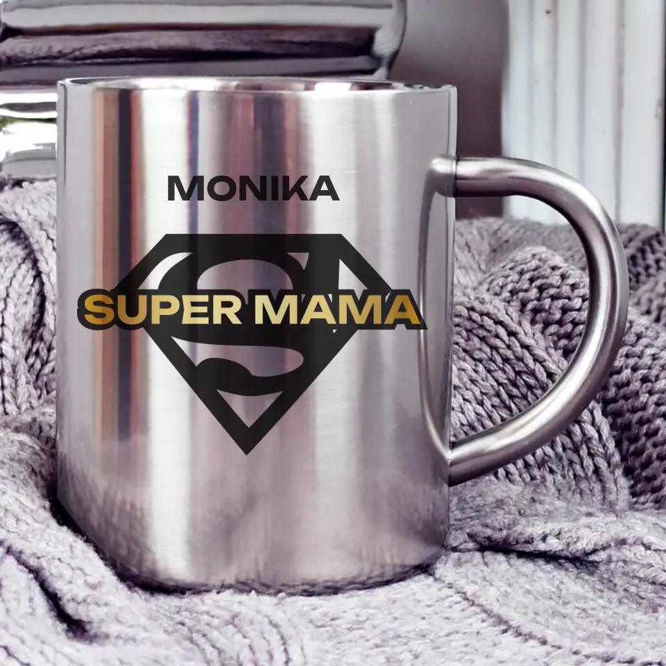 Metalowy kubek z imieniem prezent dla mamy SUPER MAMA DM07 - storycups.pl