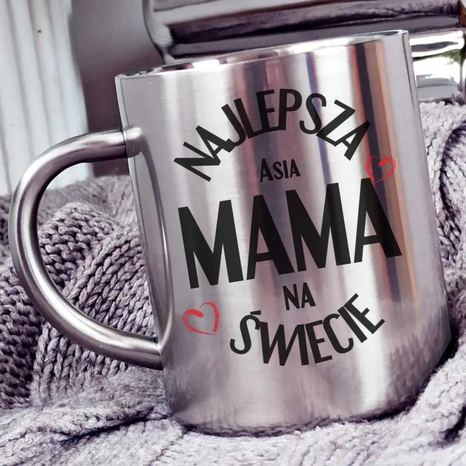 Metalowy kubek z nadrukiem dla mamy NAJLEPSZA MAMA DM22 - storycups.pl