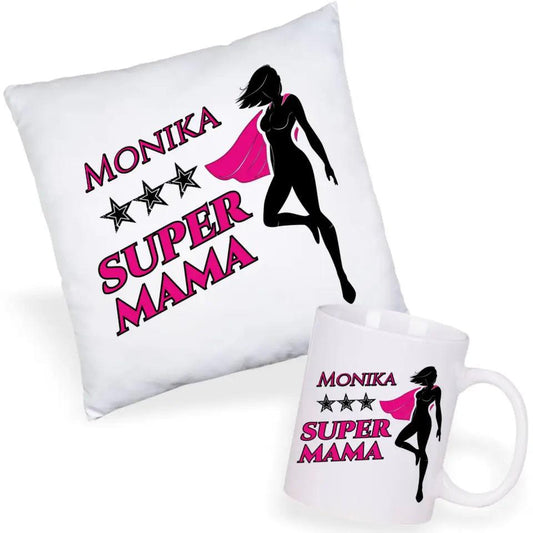 Zestaw poduszka i kubek z imieniem dla mamy SUPER MAMA DM24 - storycups.pl