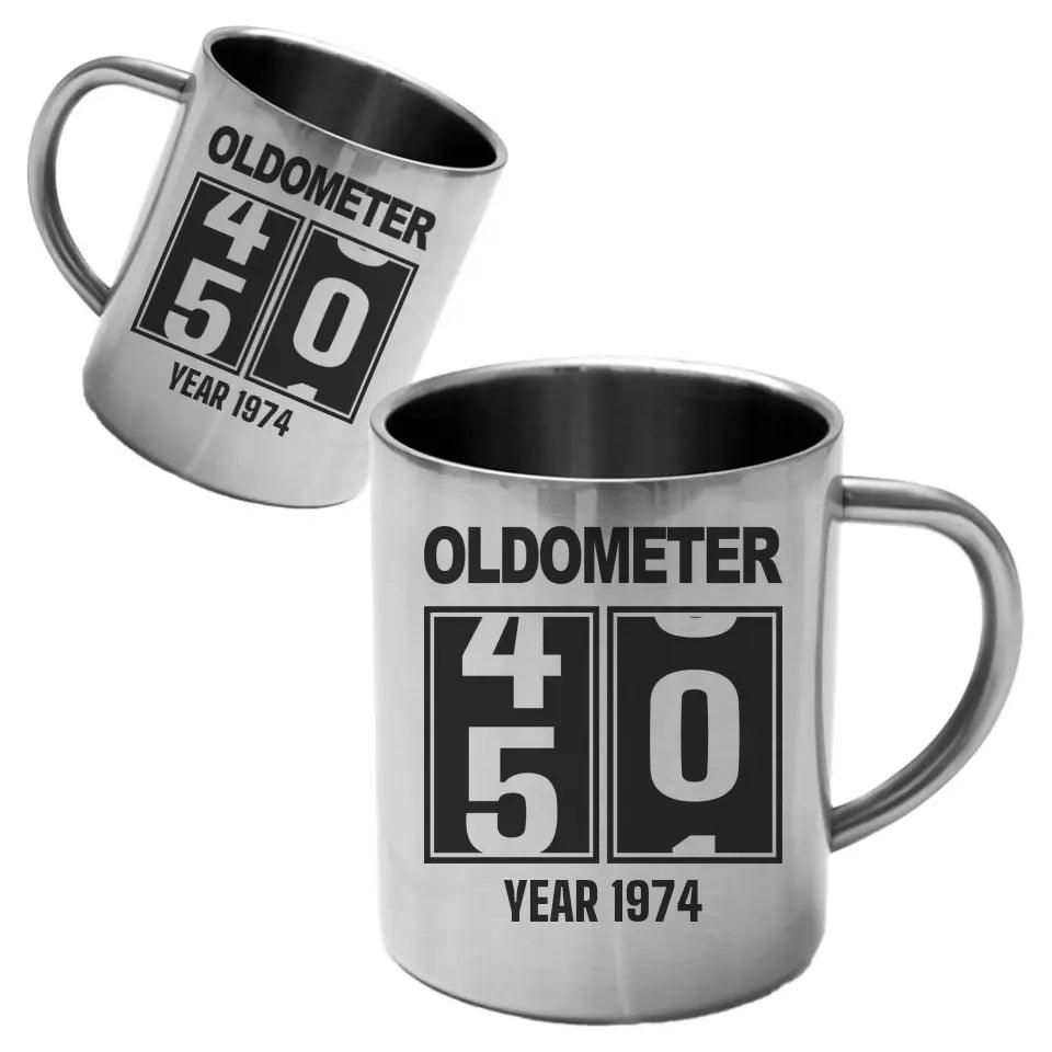 Metalowy kubek na urodziny 20 - 85 OLDOMETER U06 - storycups.pl