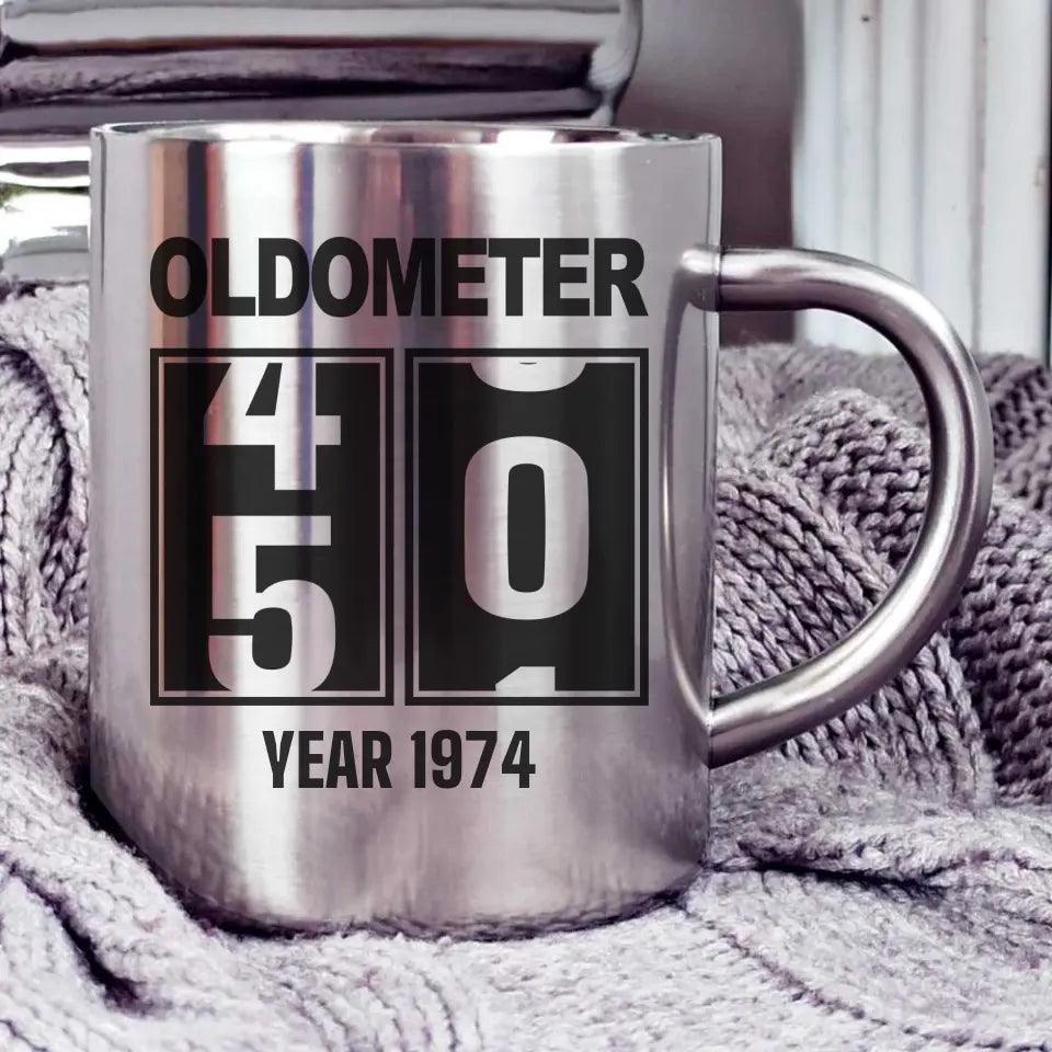 Metalowy kubek na urodziny 20 - 85 OLDOMETER U06 - storycups.pl