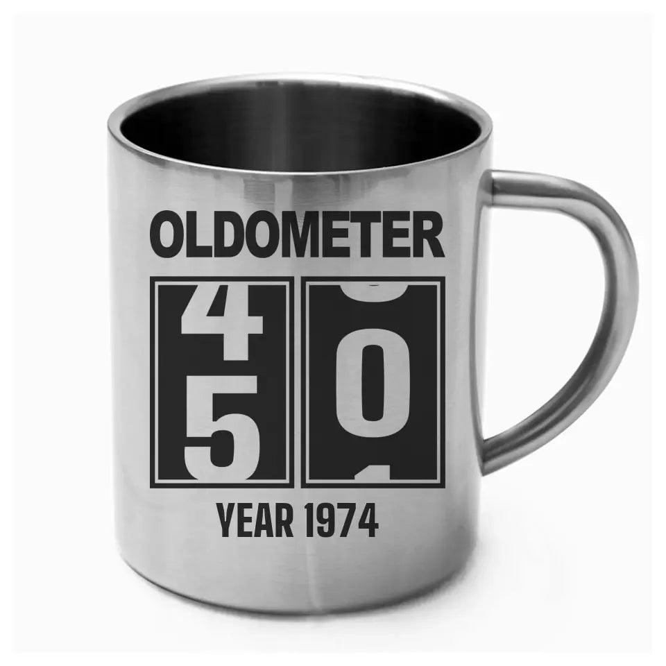 Metalowy kubek na urodziny 20 - 85 OLDOMETER U06 - storycups.pl