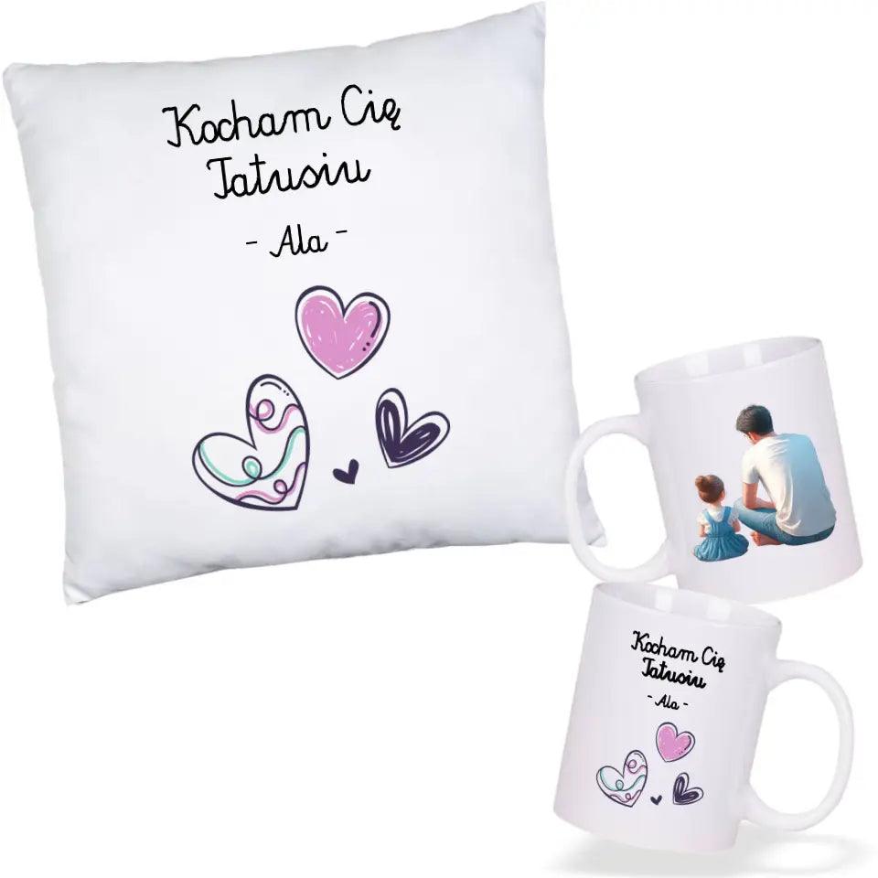 Poduszka i kubek dla taty na prezent personalizacja KOCHAM CIĘ TATUSIU - storycups.pl