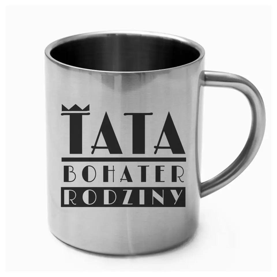 Metalowy kubek z nadrukiem dla taty na prezent BOHATER RODZINY DT45 - storycups.pl