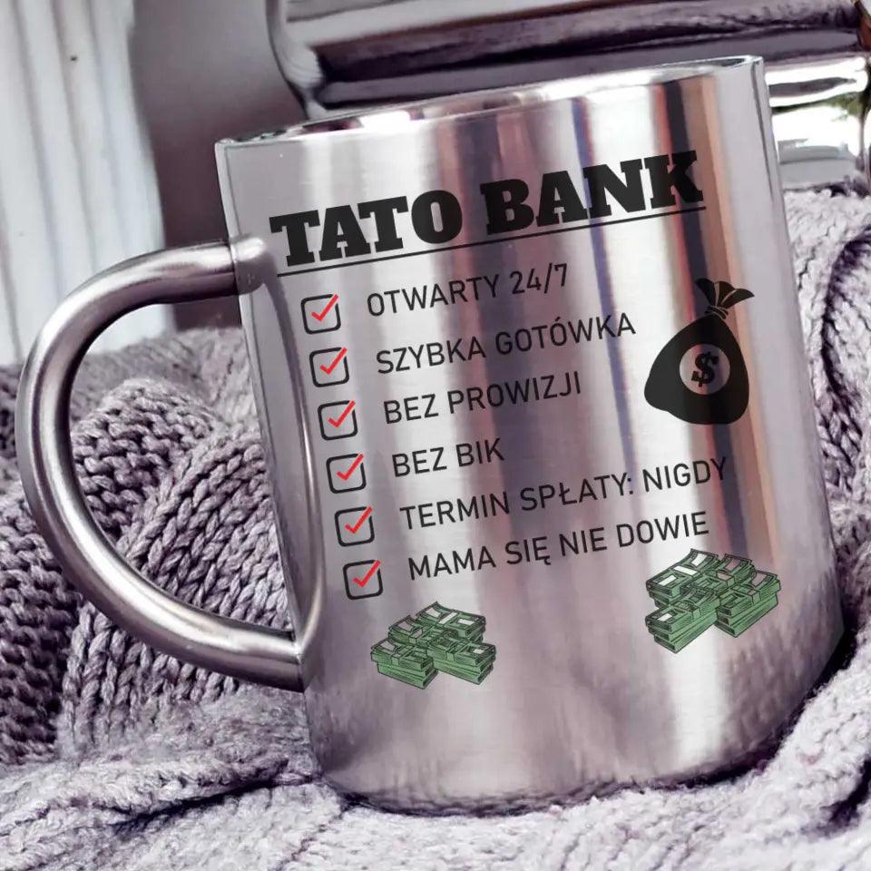 Metalowy kubek dla taty na prezent TATO BANK DT41 - storycups.pl