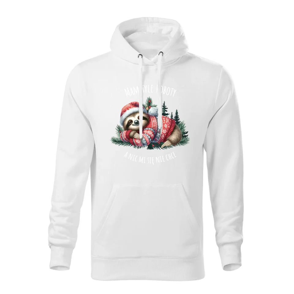 Mam tyle roboty, a nic mi się nie chce | Świąteczna męska bluza hoodie z leniwcem biała