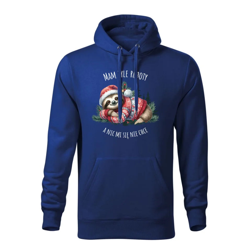 Mam tyle roboty, a nic mi się nie chce | Świąteczna męska bluza hoodie z leniwcem niebieska