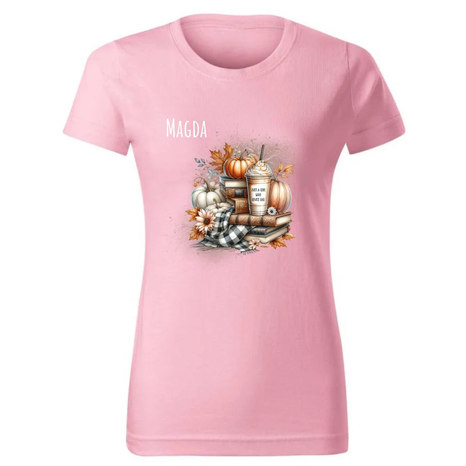 Just a girl who loves fall | Personalizowana damska koszulka dla jesieniary różowa