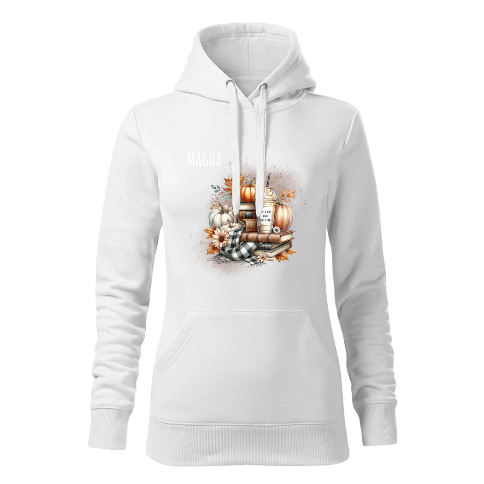 Just a girl who loves fall | Personalizowana bluza damska z kapturem dla jesieniary biała