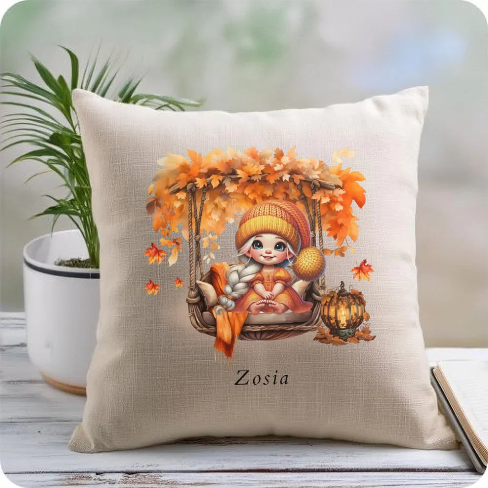 Cute autumn girl | Personalizowana poduszka lniana jesienna dla dziewczynki