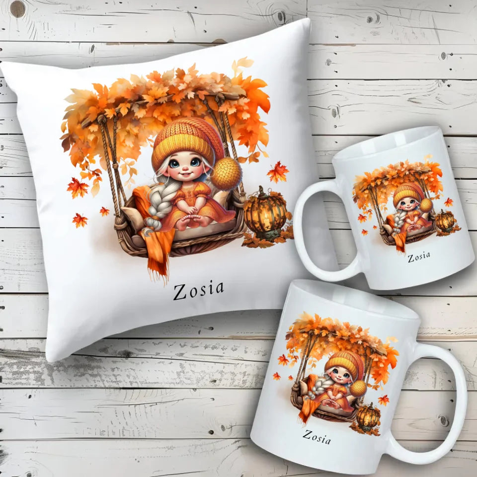 Cute autumn girl | Personalizowany zestaw poduszka i kubek jesienny dla dziewczynki