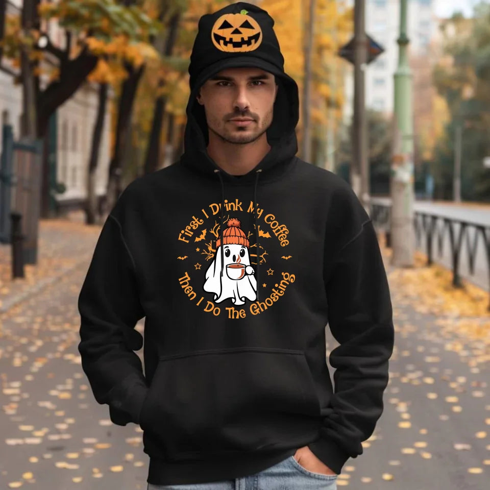 Halloweenowy duch z kawą | Bluza męska z kapturem na Halloween