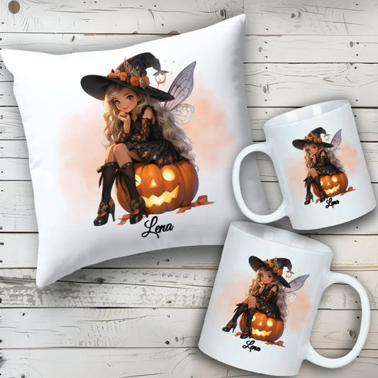 Wróżka | Personalizowany zestaw poduszka i kubek na Halloween