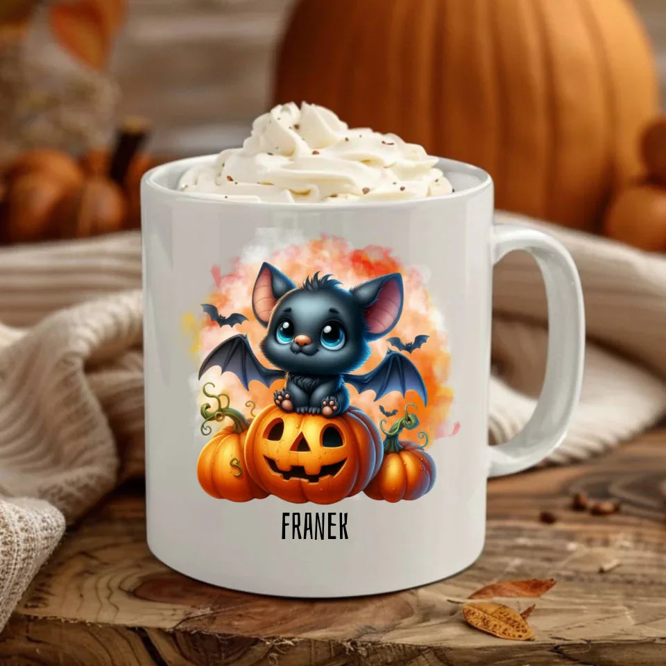 Słodki nietoperz z dynią | Personalizowany kubek na Halloween