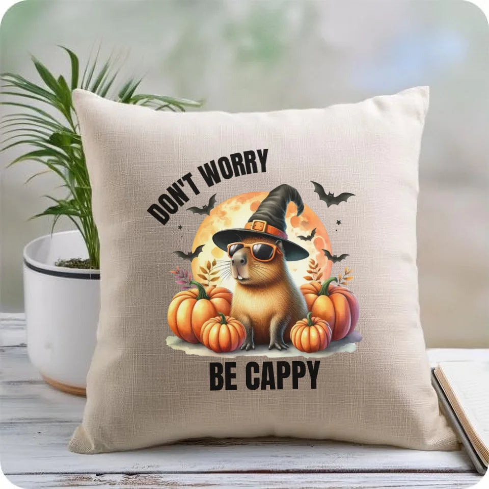 Don't worry be cappy Kapibara Halloween | Śmieszna poduszka lniana