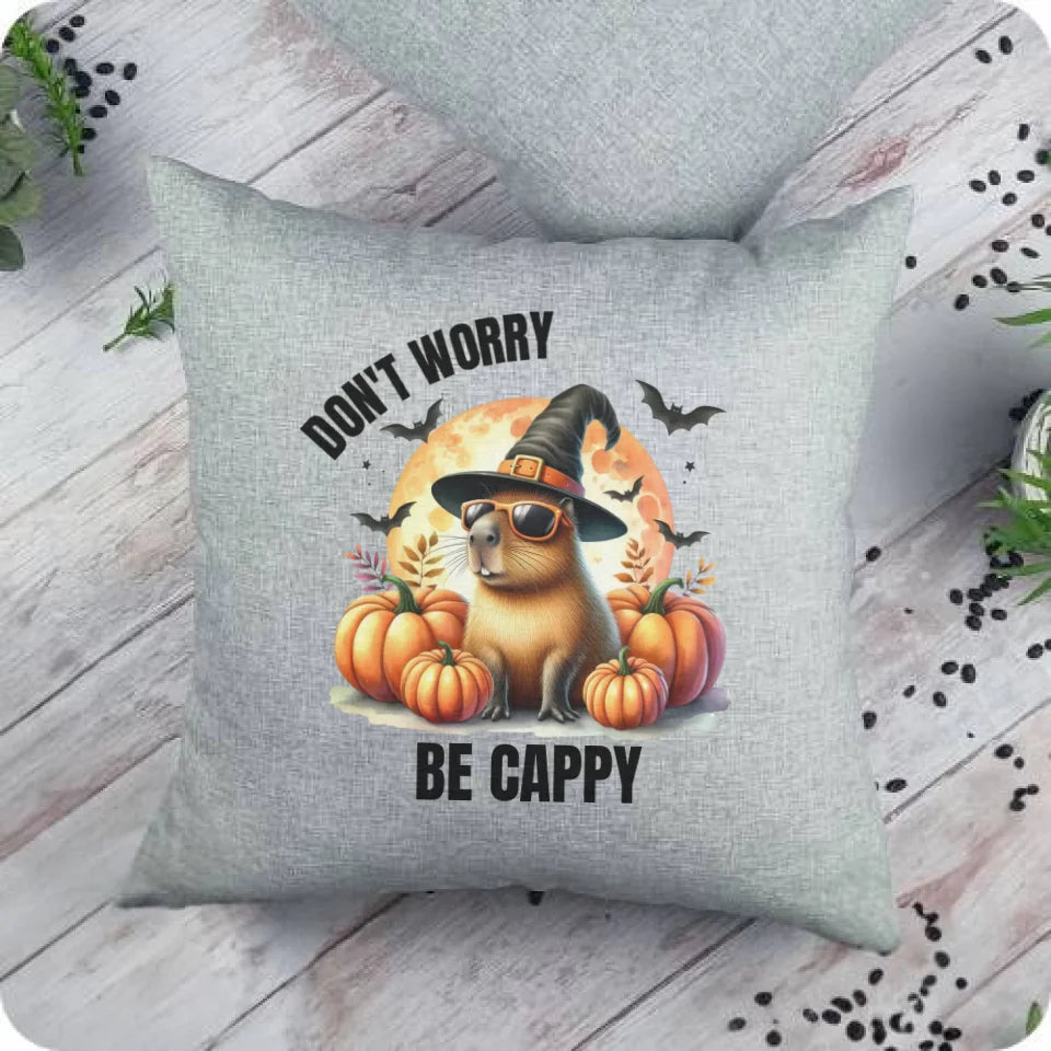 Don't worry be cappy Kapibara Halloween | Śmieszna poduszka duża szara