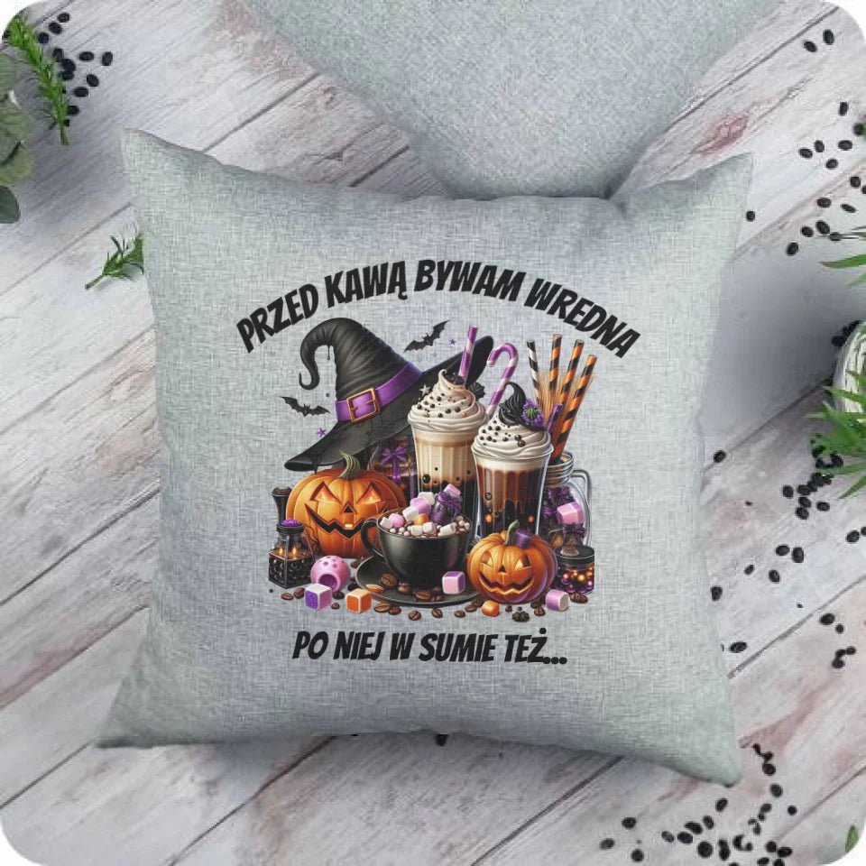 Przed kawą bywam wredna | Poduszka na Halloween duża szara