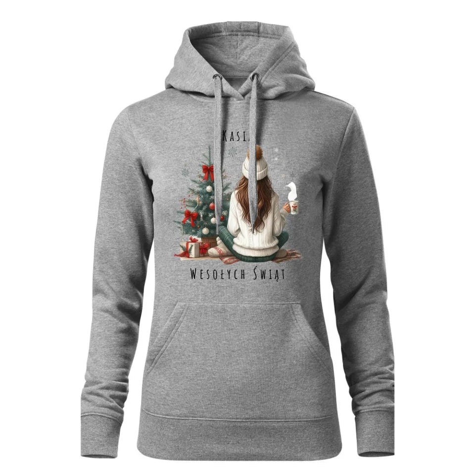 Świąteczna bluza damska z kapturem szara na prezent personalizacja hoodie