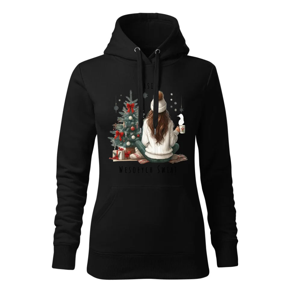 Świąteczna bluza damska z kapturem czarna na prezent personalizacja hoodie