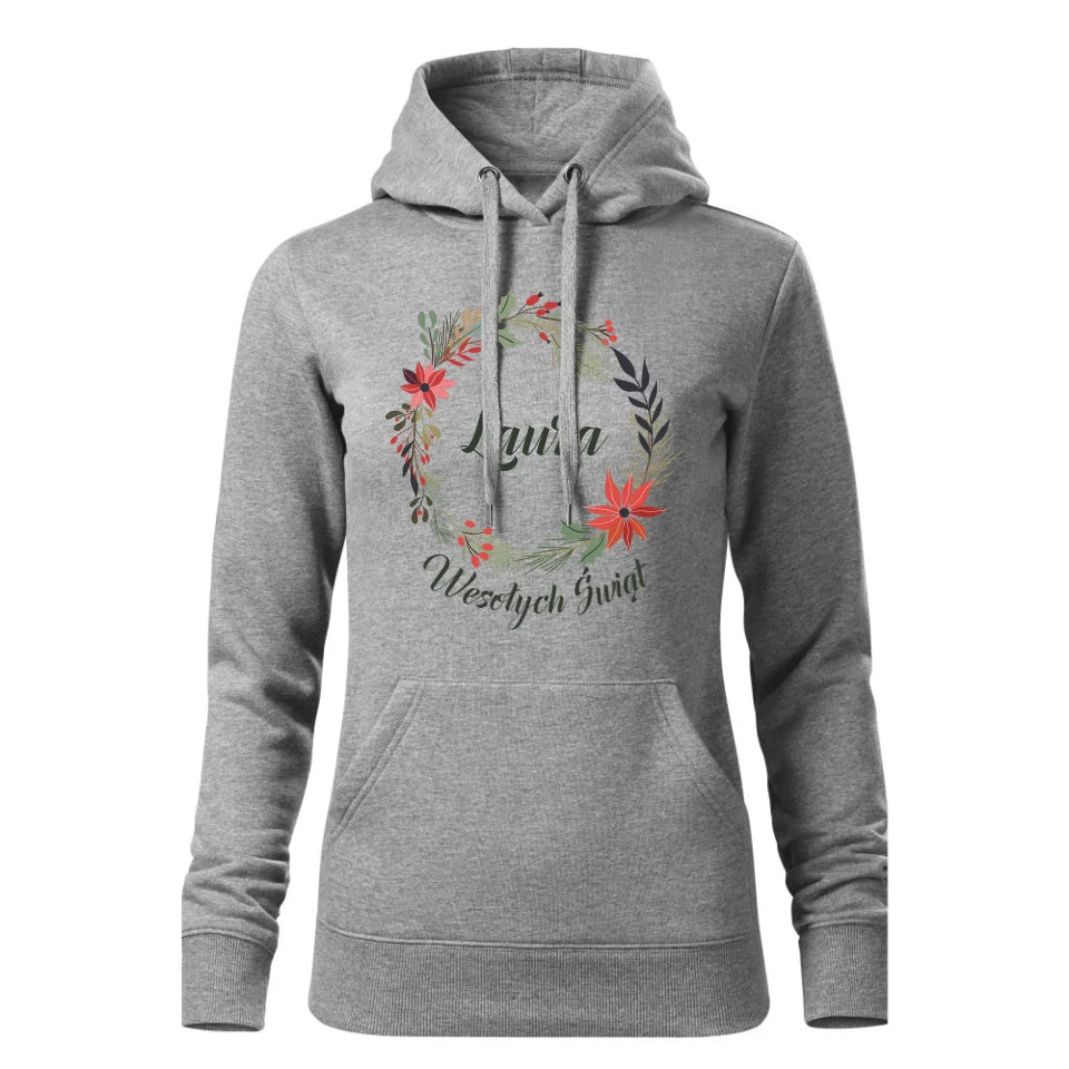 Świąteczna bluza damska z kapturem szara na prezent personalizacja hoodie