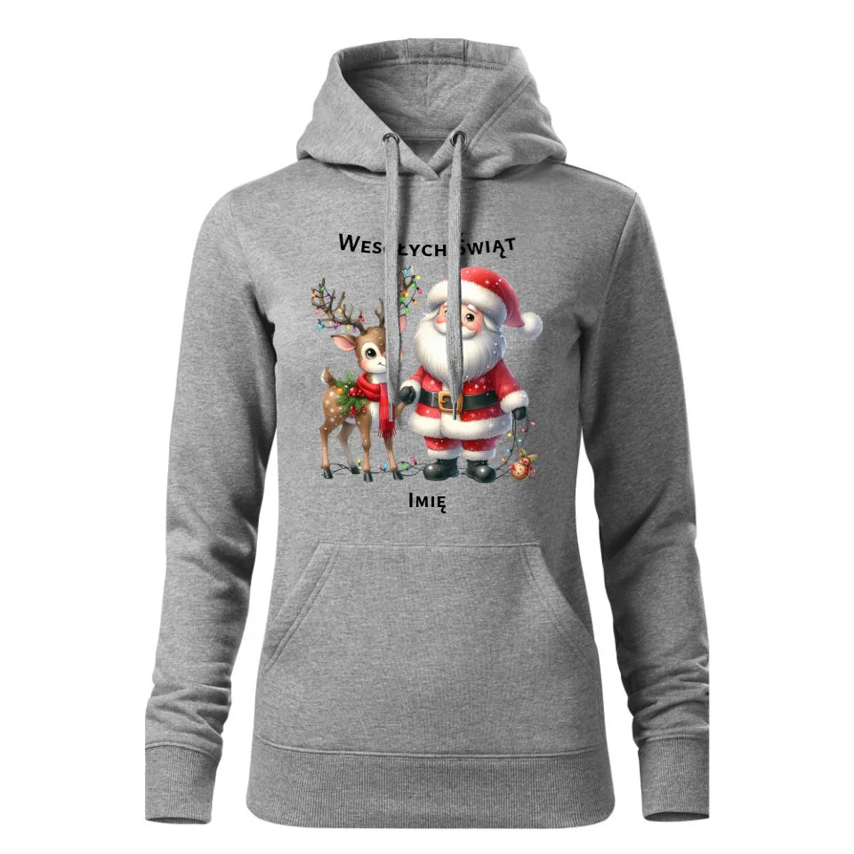 Świąteczna bluza damska z kapturem szara na prezent personalizacja hoodie Święta Boże Narodzenie Mikołajki