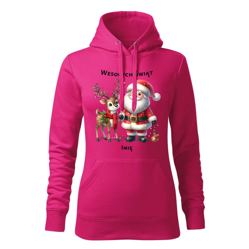 Świąteczna bluza damska z kapturem różowa na prezent personalizacja hoodie Święta Boże Narodzenie Mikołajki