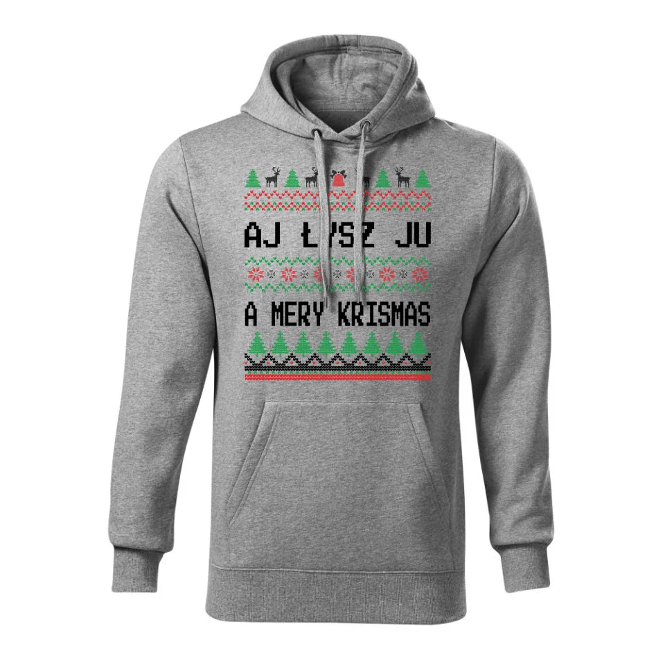 Świąteczna bluza męska z kapturem szara na prezent personalizacja hoodie Święta Boże Narodzenie Mikołajki